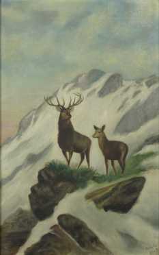 Oil on Canvas, of a buck and doe 