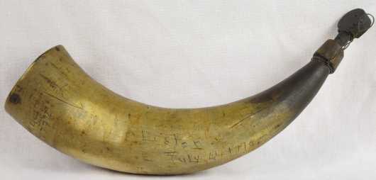 Horn Powder Flask scrimshawed with the name, "H. Hill, 1774"