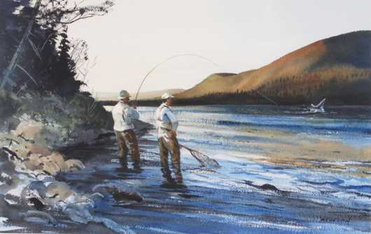  Watercolor "Salmon Fishing" by Chet Reneson