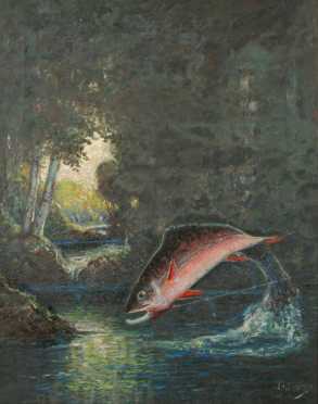 William Curry oil on canvas painting    "Square Tail Trout Taking The fly"