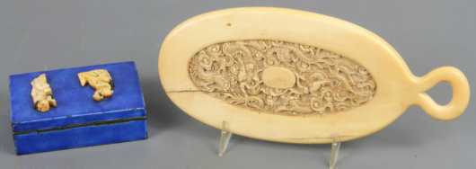 Chinese Ivory mirror and enamel box with applied ivory figures
