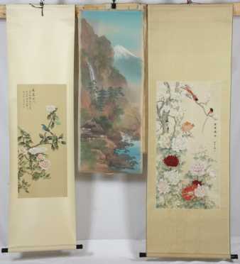 Two Chinese Scrolls along with a Hand painted Textile