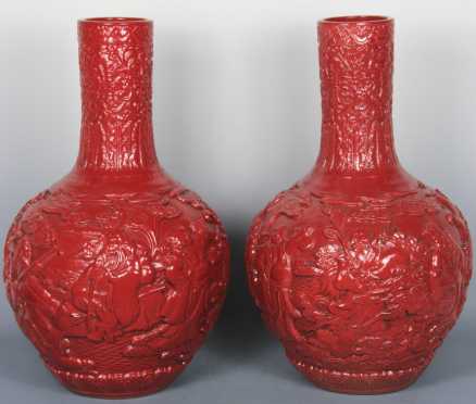 Monumental Pair of Chinese Red Glazed Vases