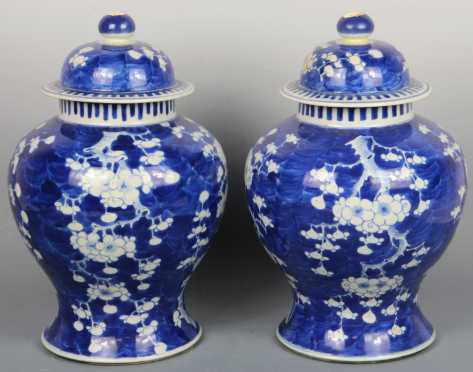 Pair of Chinese Blue and White Covered Prunus Jars