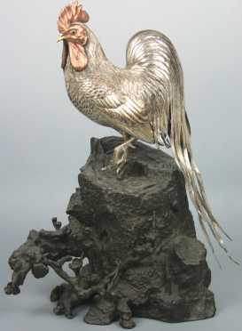Japanese Silver Rooster on a Bronze Base