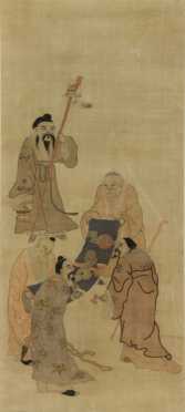 Chinese Silk Panel of 5 scholars examining a scroll