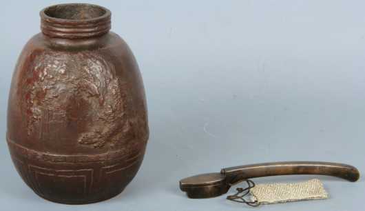 Japanese Iron Vessel and a Bronze Students Brush and Ink Holder