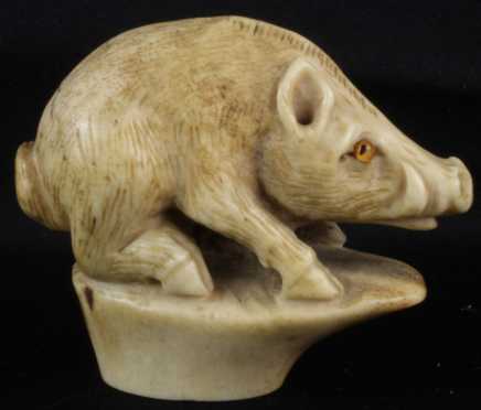 Carved Bone Cane Handle  in the form of a boar