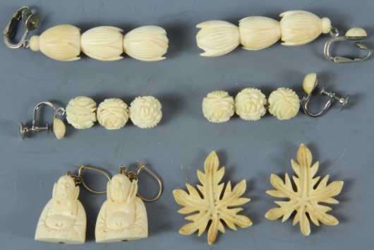 Lot of Four Pair of Ivory Carved Earrings