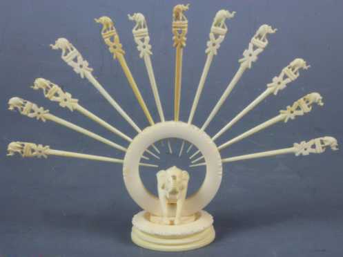 Carved Ivory Elephant Hors d'oeuvres Set