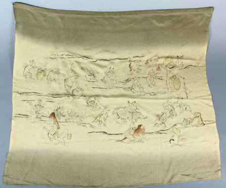 Chinese Silk Panel, painted with satirical figures of rabbits, frogs etc
