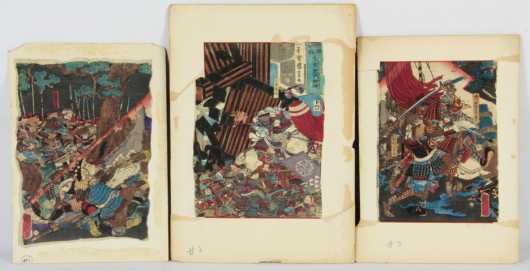 Japanese Triptych of Samurai In Battle