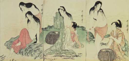 Print of Japanese Triptych, originally by Kitagawa Utamaro 