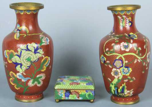 Pair of Chinese Cloisonn‚ Vases and a box