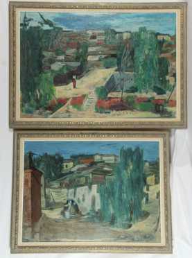 Paintings of hillside village scenes