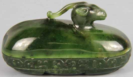 Chinese Covered Green Jade Box in the form of a recumbent animal