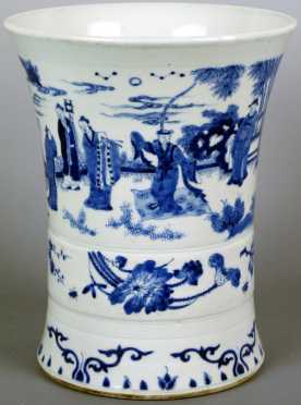 Chinese Blue and White Decorated Transitional Brush Pot