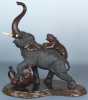 Japanese Bronze Elephant with ivory tusks being attacked by 2 tigers