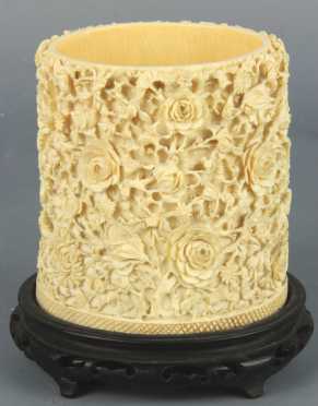 Carved Ivory Brush Pot with relief rosettes